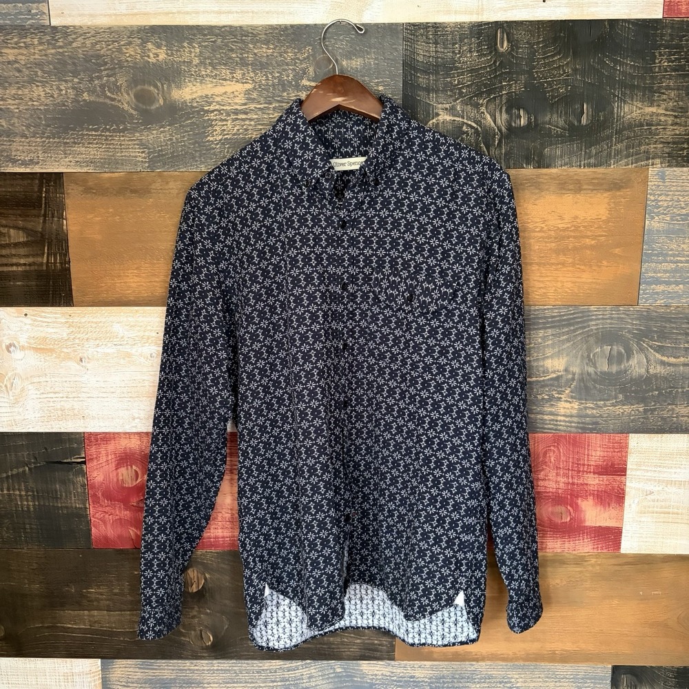 Oliver Spencer Club Collar Button Up Shirt Blue Geometric Print Mens Size Small